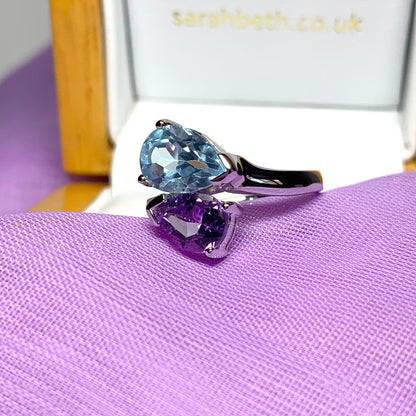 Real blue topaz and real amethsyt fancy dress cocktail ring