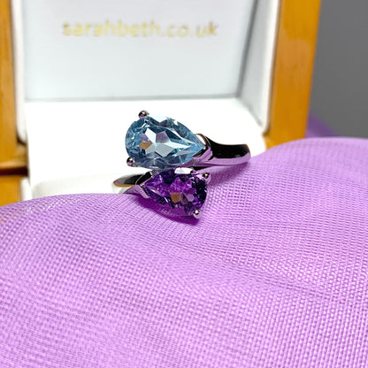 Real blue topaz and real amethsyt fancy dress cocktail ring