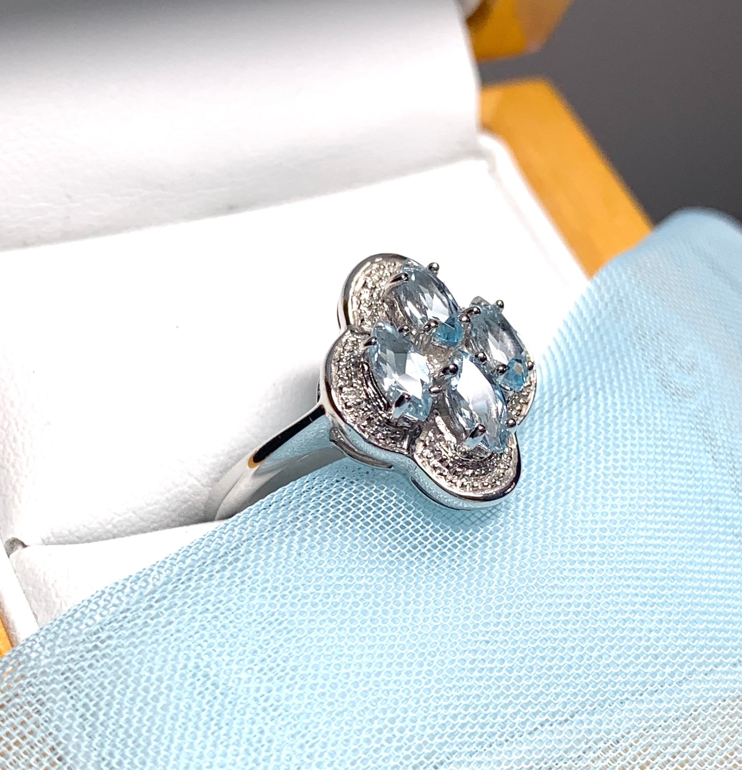 Blue topaz diamond sterling silver marquise cut cluster ring