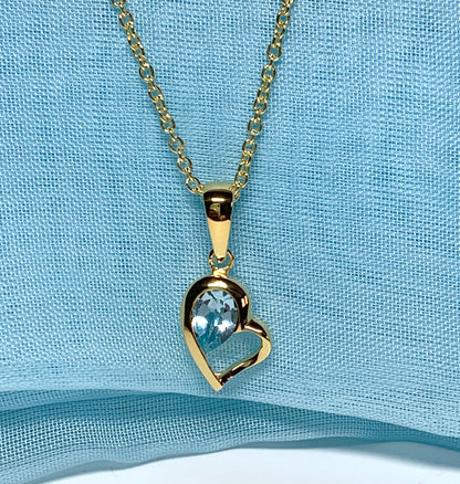 Real blue topaz heart shape necklace pendant sterling silver gilt gold plated