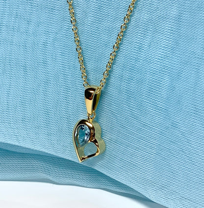 Real blue topaz heart shape necklace pendant sterling silver gilt gold plated