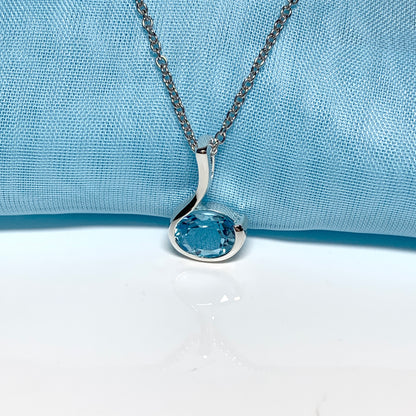 Real blue topaz necklace oval fancy swirl sterling silver