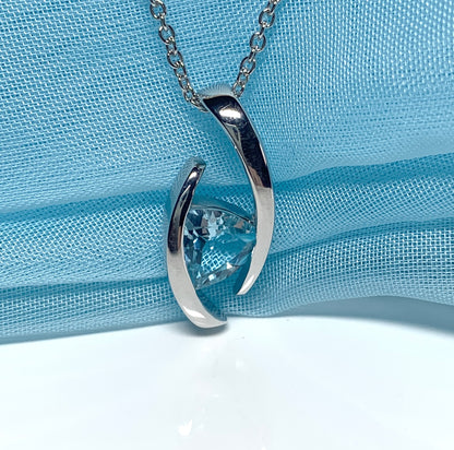 Real blue topaz necklace pendant triangle smooth rubbed over setting