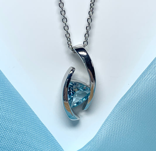 Real blue topaz necklace pendant triangle smooth rubbed over setting