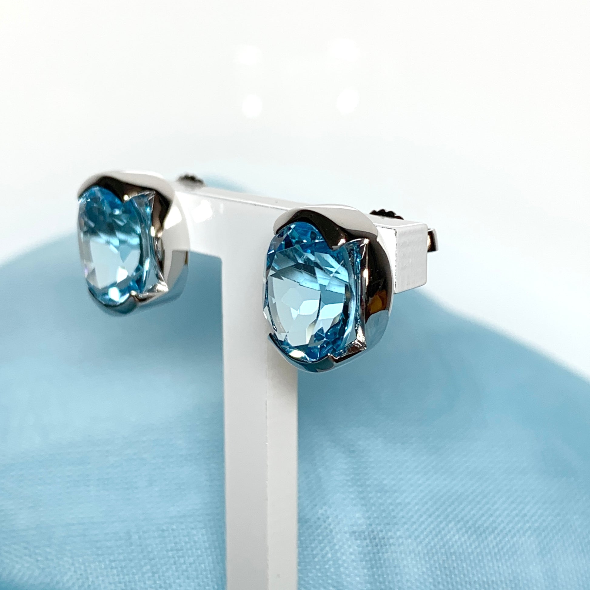 Real blue topaz oval stud earrings fancy sterling silver