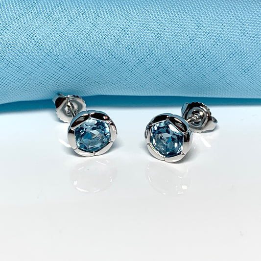 Real blue topaz stud earrings fancy flower edged round