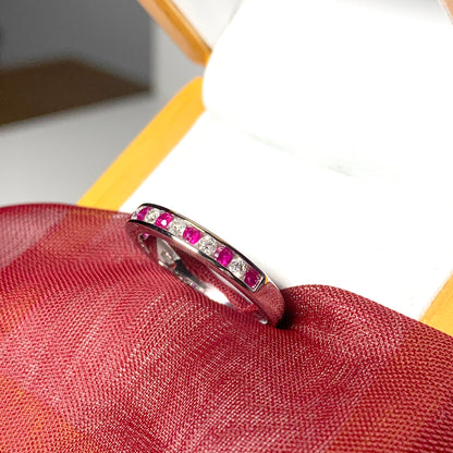 Real red ruby diamond eternity channel set ring white gold