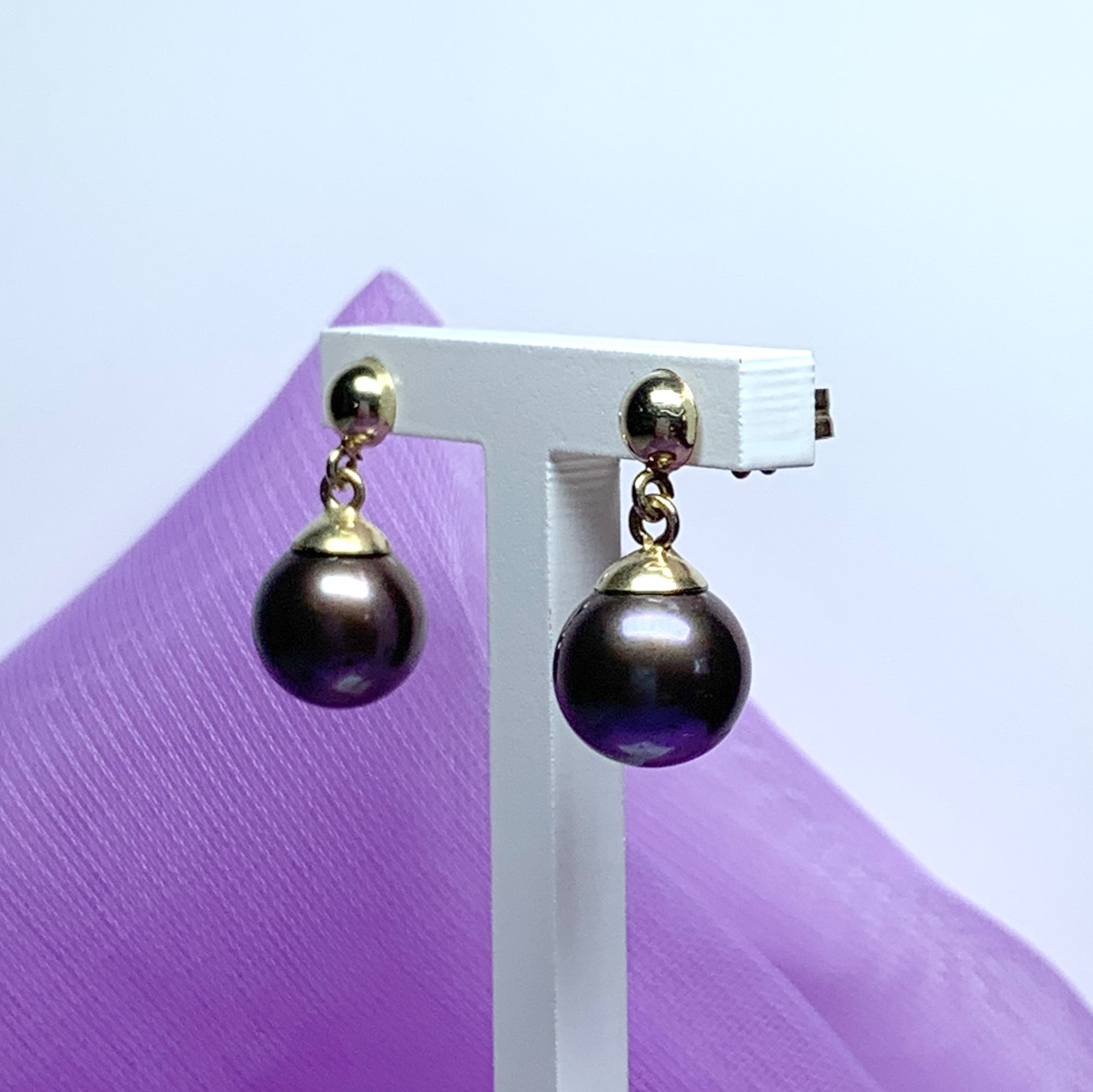 Real chocolate cultured pearl drop earrings freshwater yellow gold