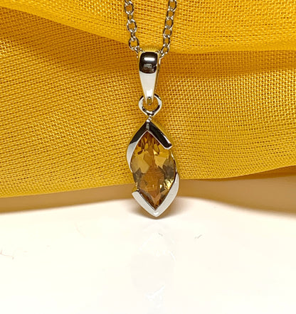 Real citrine necklace pendant marquise smooth rubbed over setting