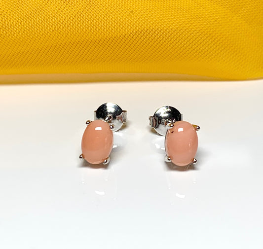 Real coral oval stud earrings white gold