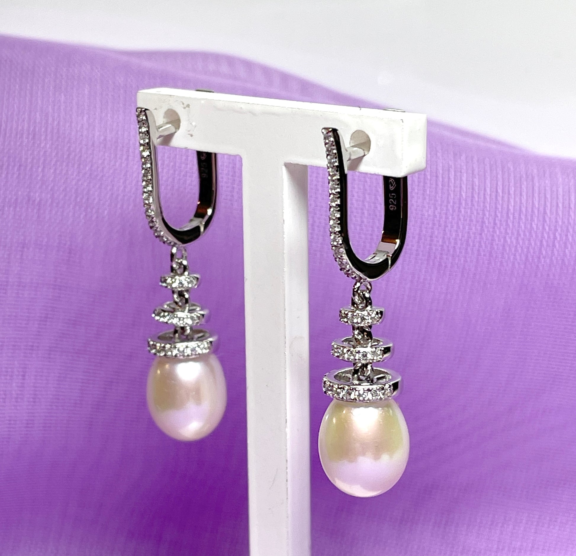 Real cultured freshwater pearl and cubic zirconia fancy drop earrings sterling silver