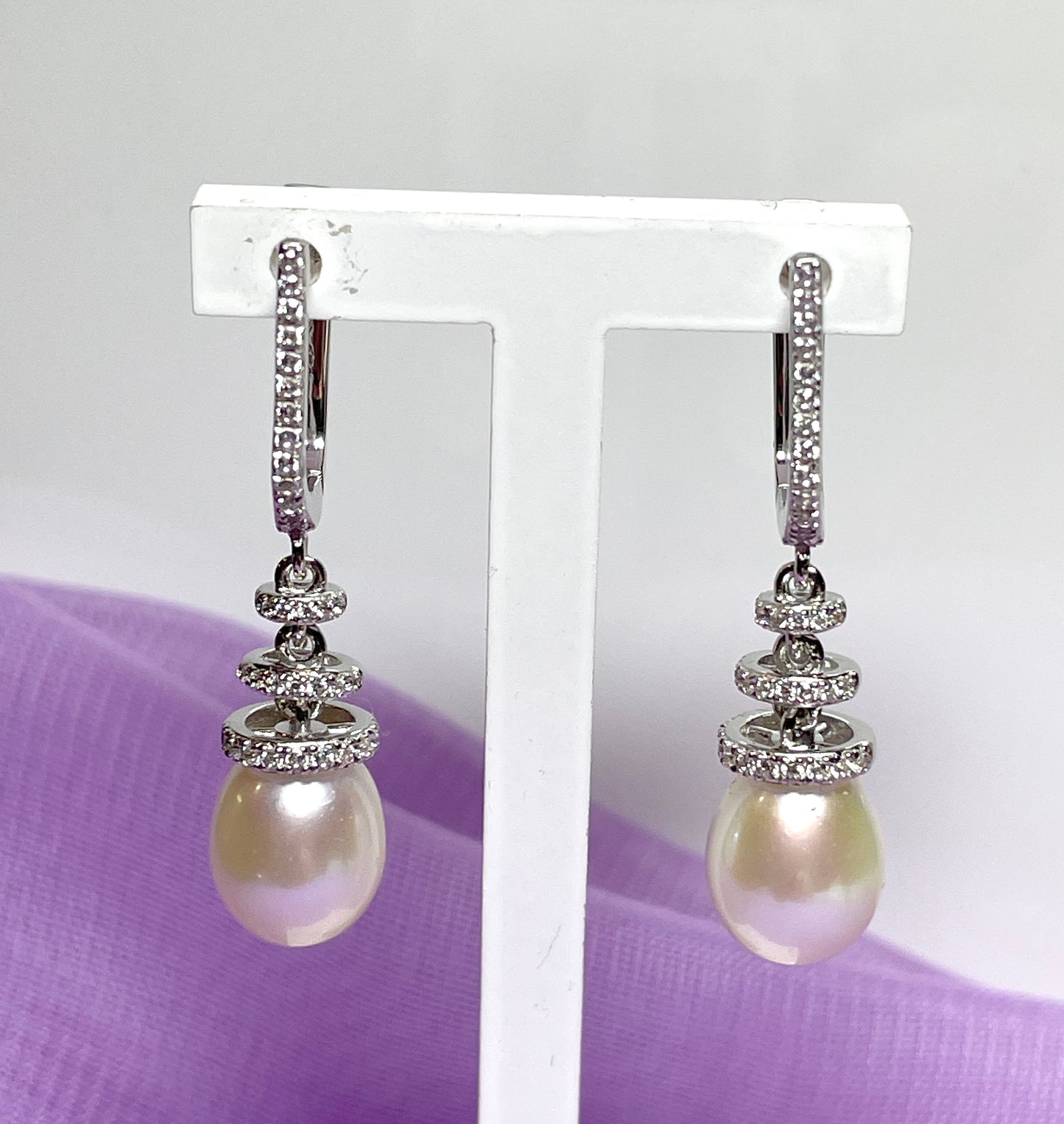 Real cultured freshwater pearl and cubic zirconia fancy drop earrings sterling silver