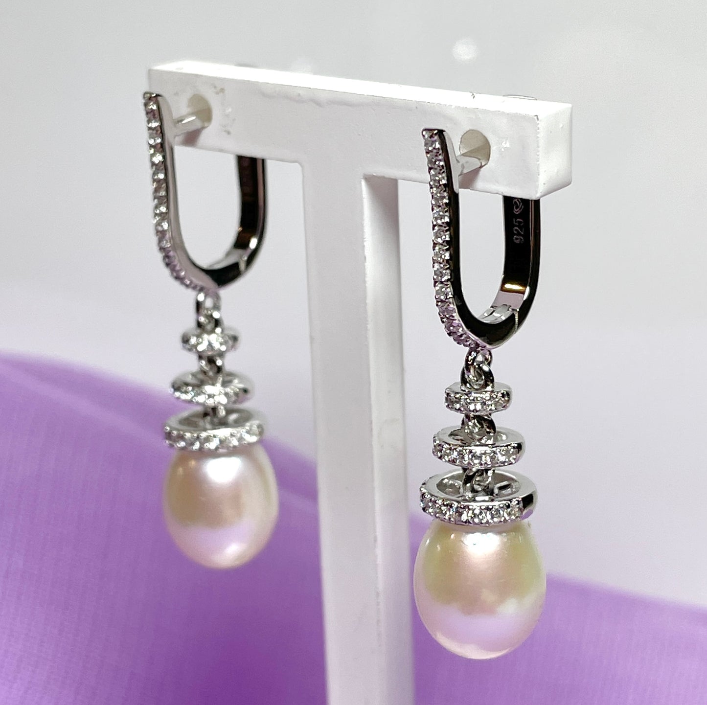 Real cultured freshwater pearl and cubic zirconia fancy drop earrings sterling silver