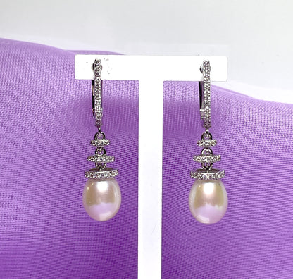 Real cultured freshwater pearl and cubic zirconia fancy drop earrings sterling silver