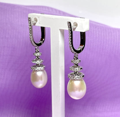 Real cultured freshwater pearl and cubic zirconia fancy drop earrings sterling silver