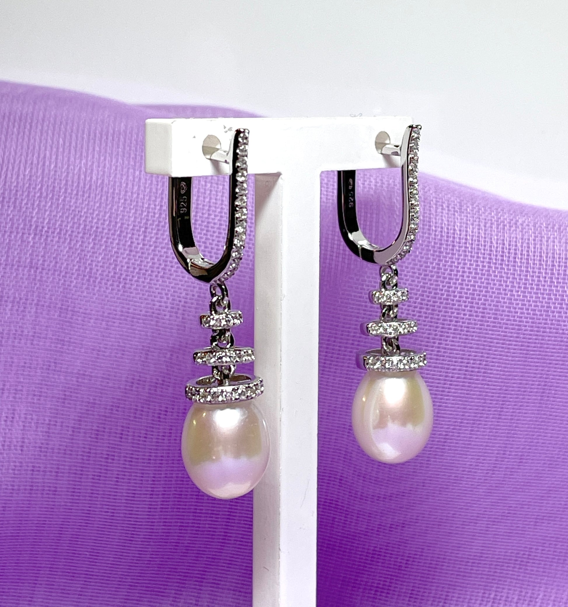 Real cultured freshwater pearl and cubic zirconia fancy drop earrings sterling silver