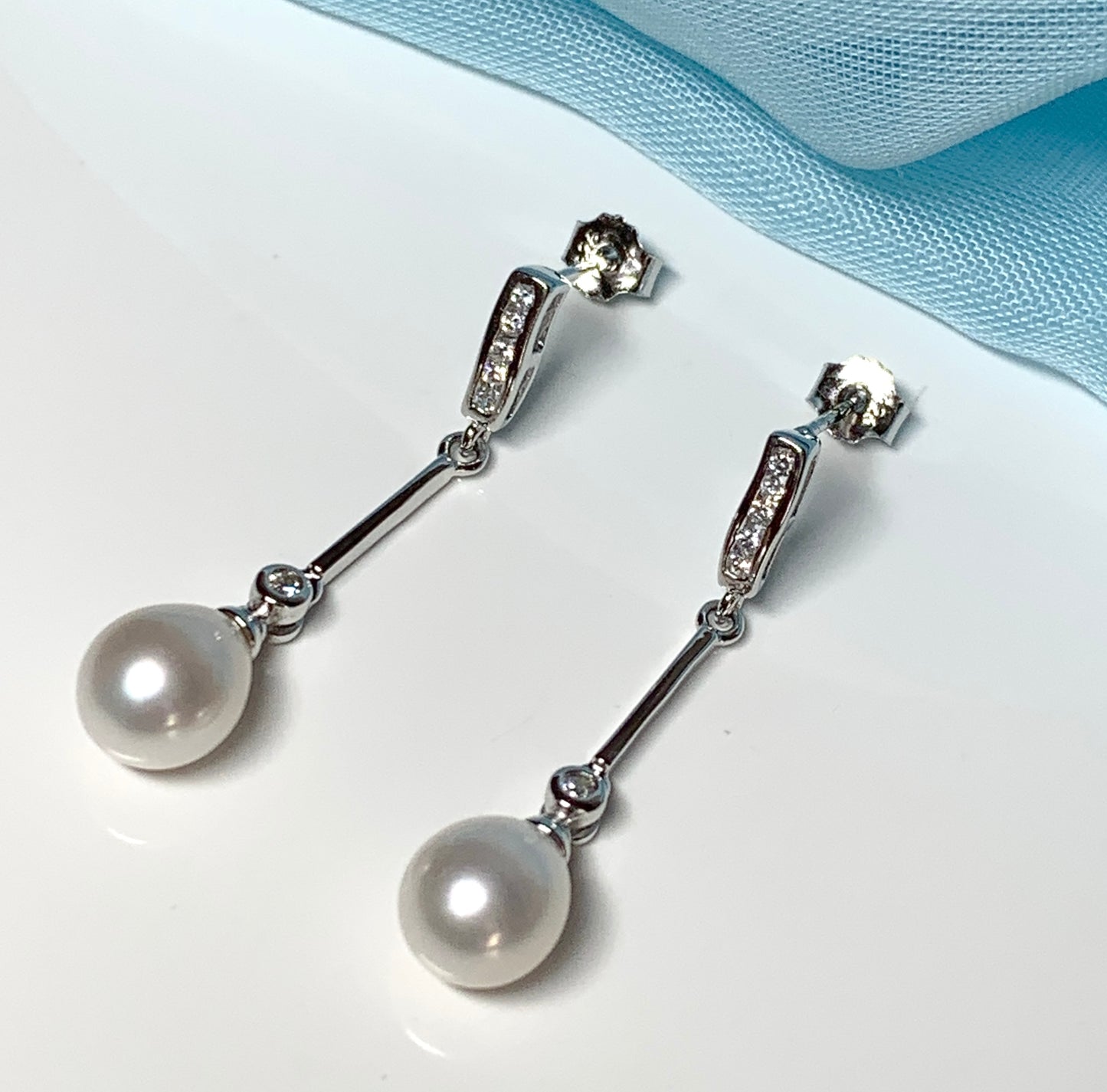 Real cultured freshwater pearl long drop earrings sterling silver