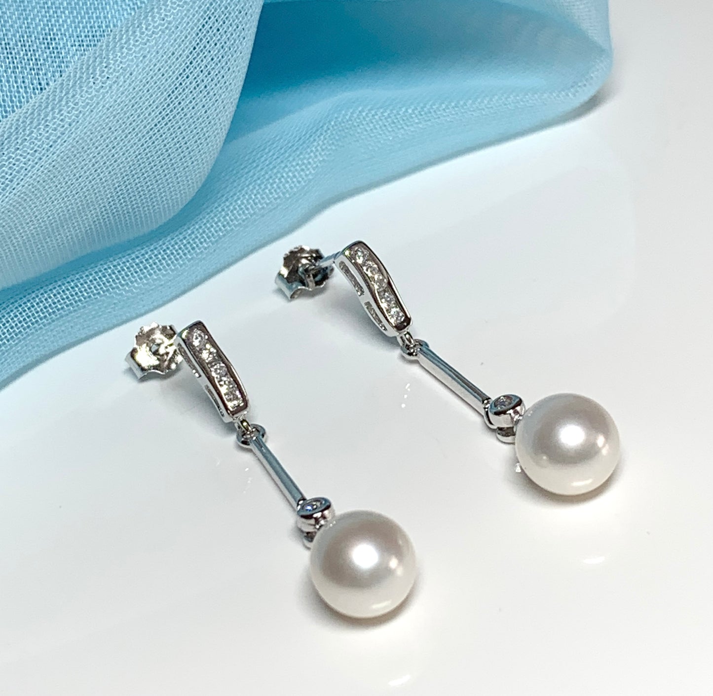 Real cultured freshwater pearl long drop earrings sterling silver