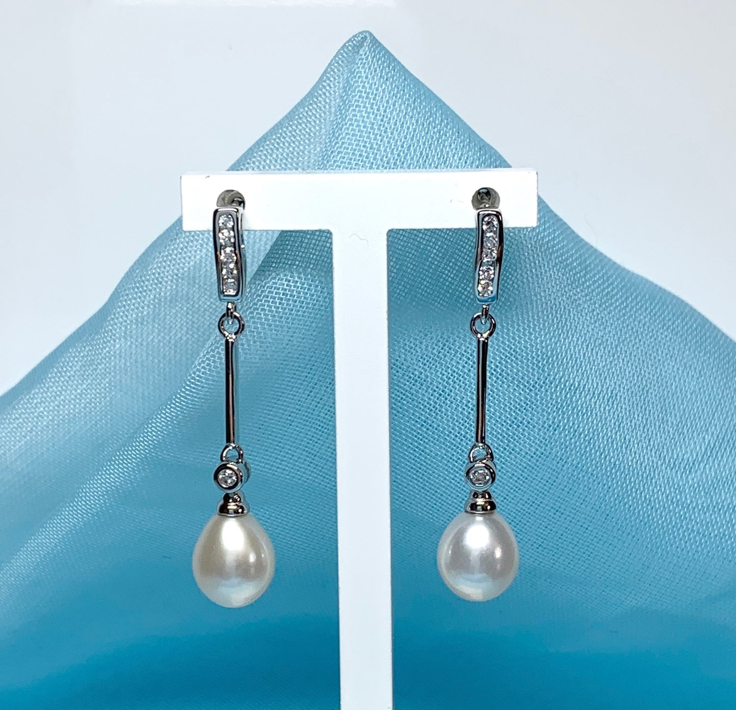 Real cultured freshwater pearl long drop earrings sterling silver