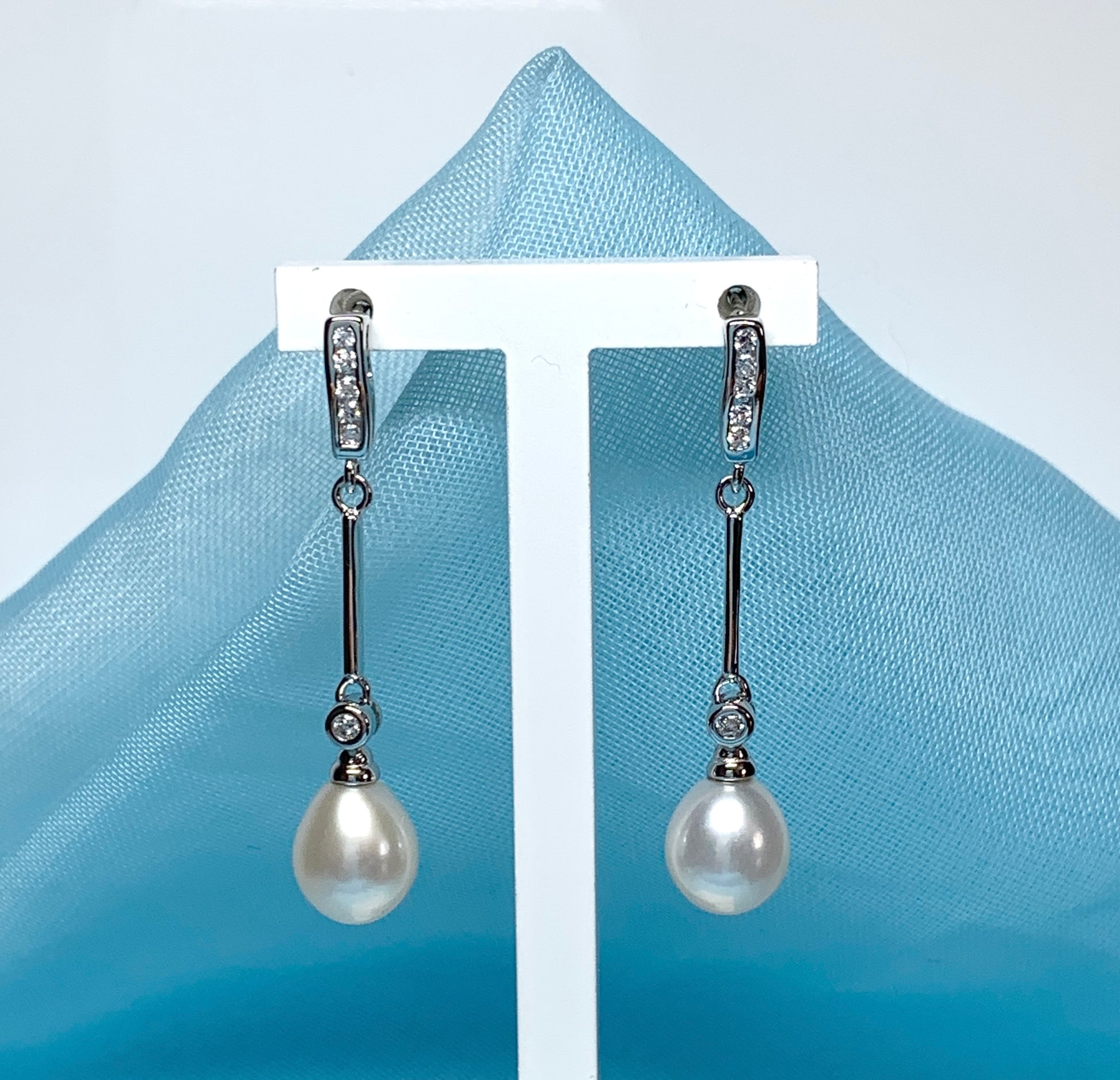 Real cultured freshwater pearl long drop earrings sterling silver