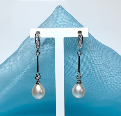 Real cultured freshwater pearl long drop earrings sterling silver