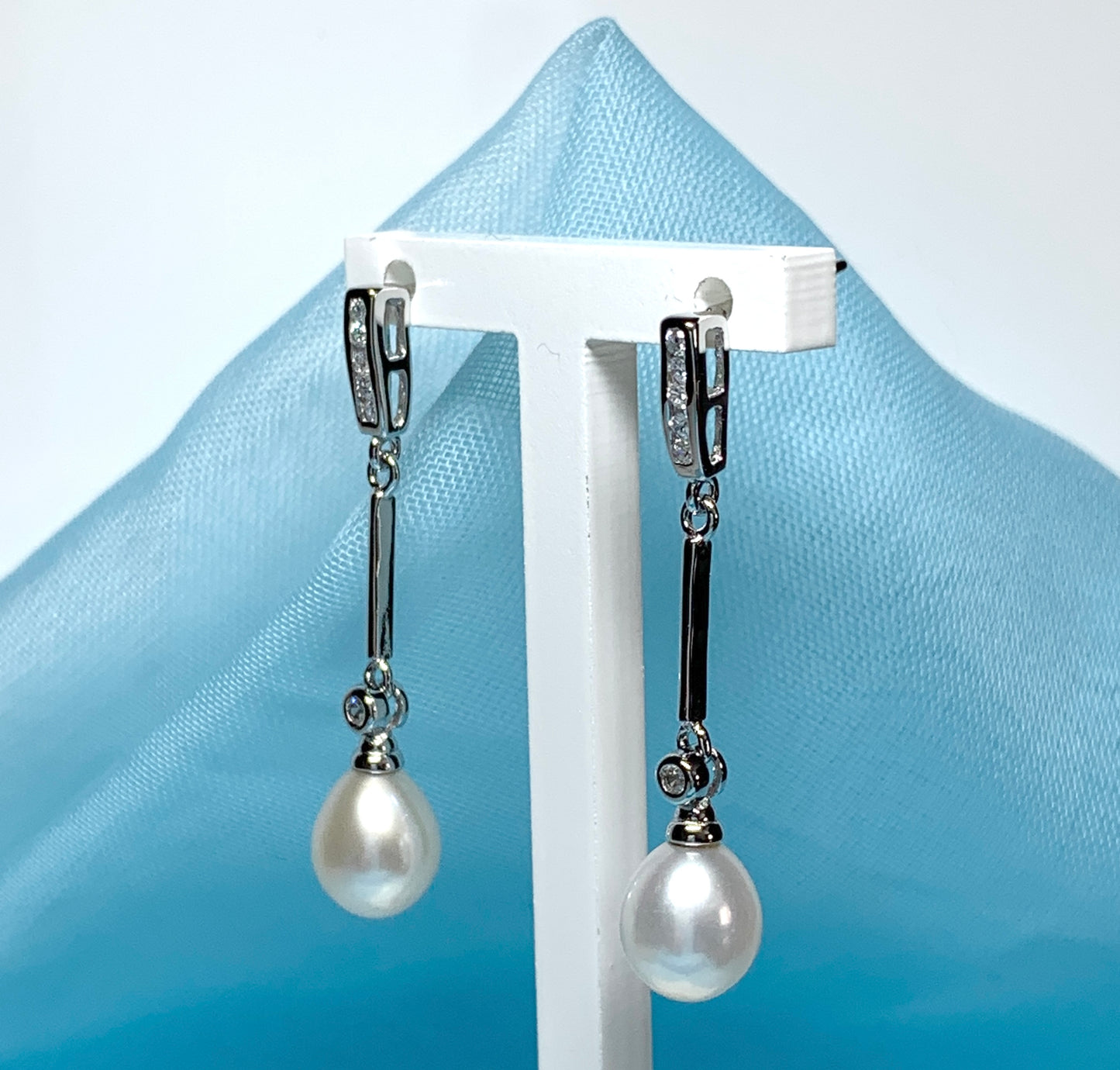 Real cultured freshwater pearl long drop earrings sterling silver