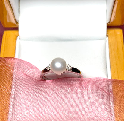 Real cultured pearl and cubic zirconia round dress trilogy ring sterling silver