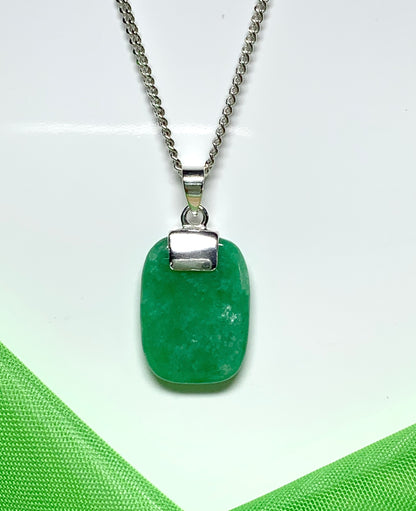 Real cushion shaped green jade necklace sterling silver