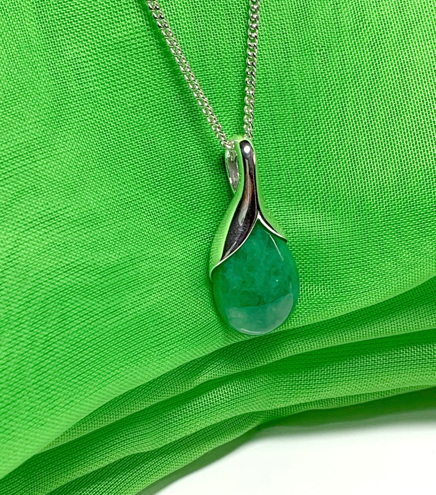 Real dark green jade necklace tear drop sterling silver pear shape pendant