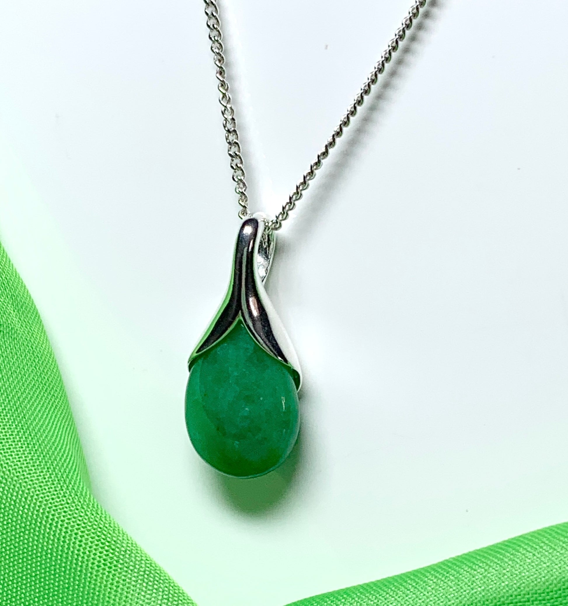 Real dark green jade necklace tear drop sterling silver pear shape pendant