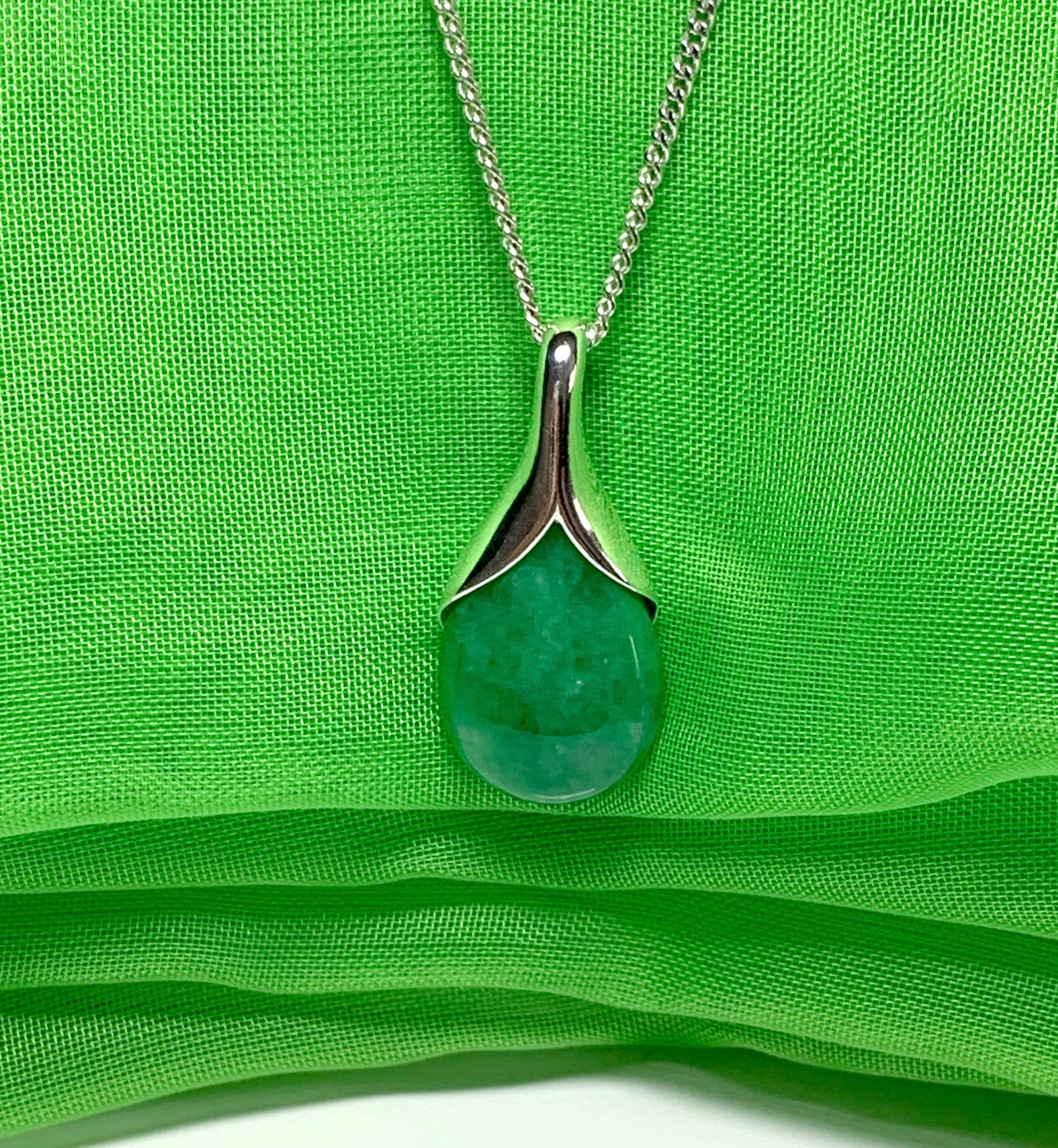 Real dark green jade necklace tear drop sterling silver pear shape pendant