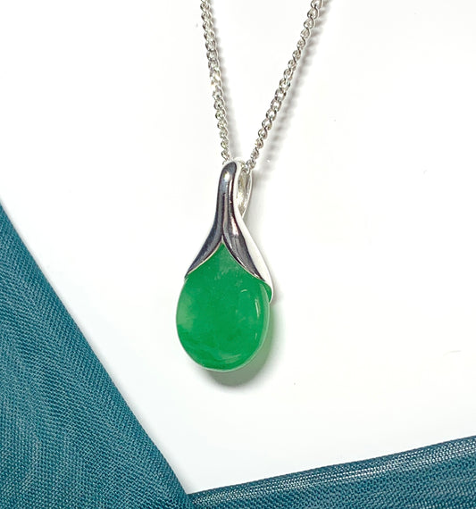 Real dark green jade tear drop sterling silver pear shaped pendant