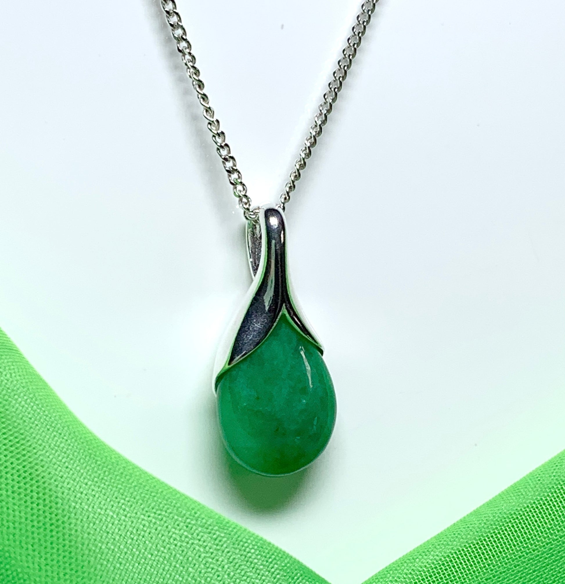 Real dark green jade necklace tear drop sterling silver pear shape pendant