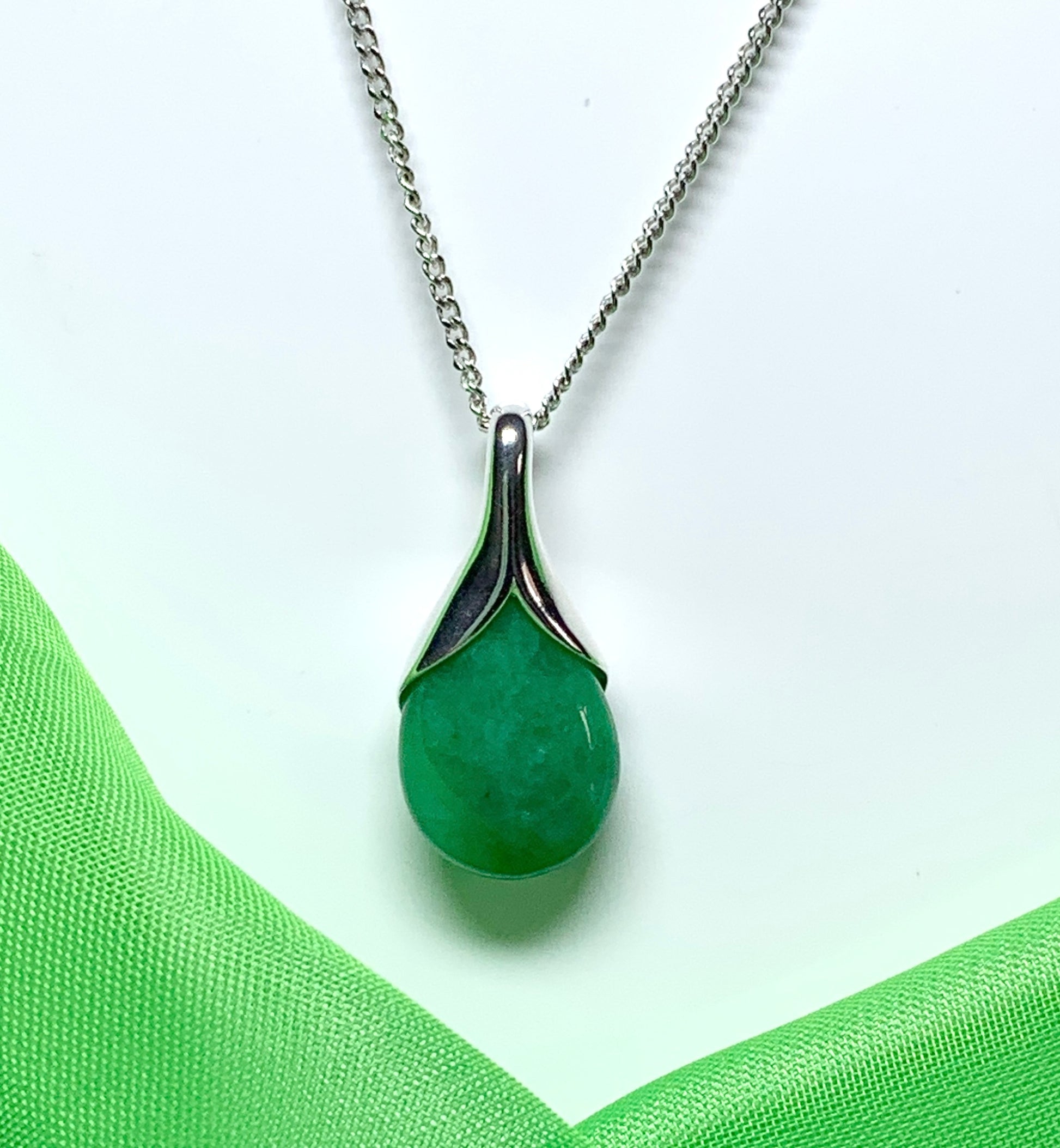 Real dark green jade necklace tear drop sterling silver pear shape pendant