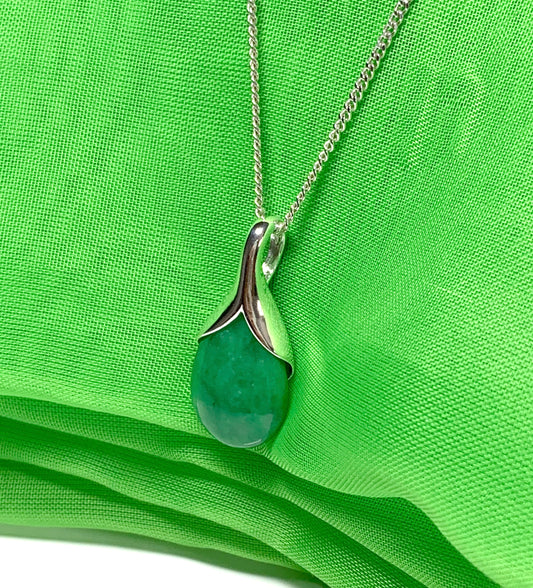 Real dark green jade necklace tear drop sterling silver pear shape pendant