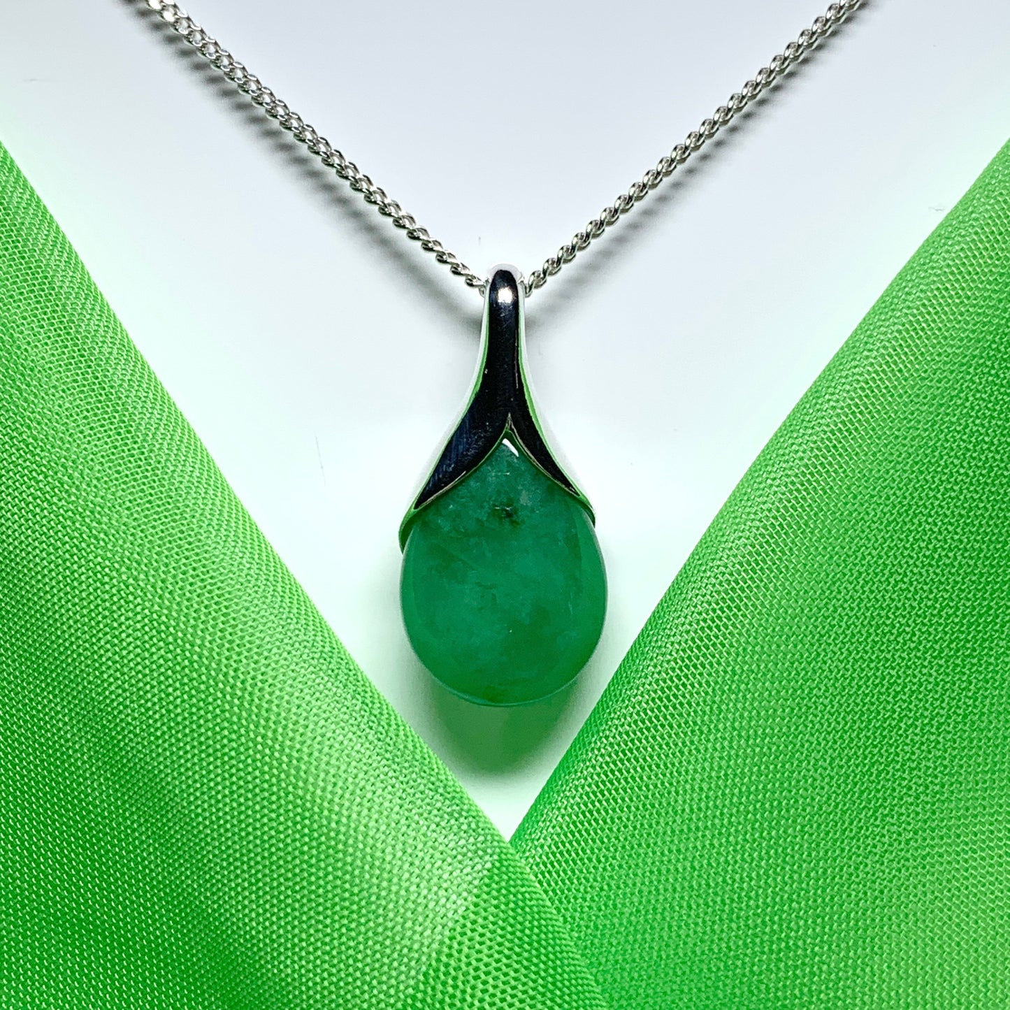 Real dark green jade tear drop sterling silver pear shaped pendant