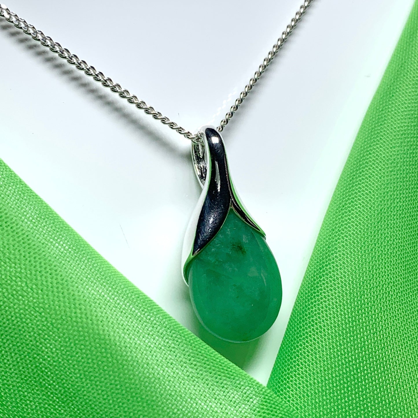 Real dark green jade tear drop sterling silver pear shaped pendant