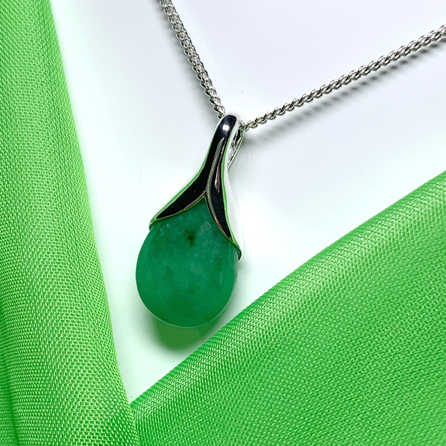 Real dark green jade tear drop sterling silver pear shaped pendant