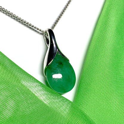 Real dark green jade tear drop sterling silver pear shaped pendant