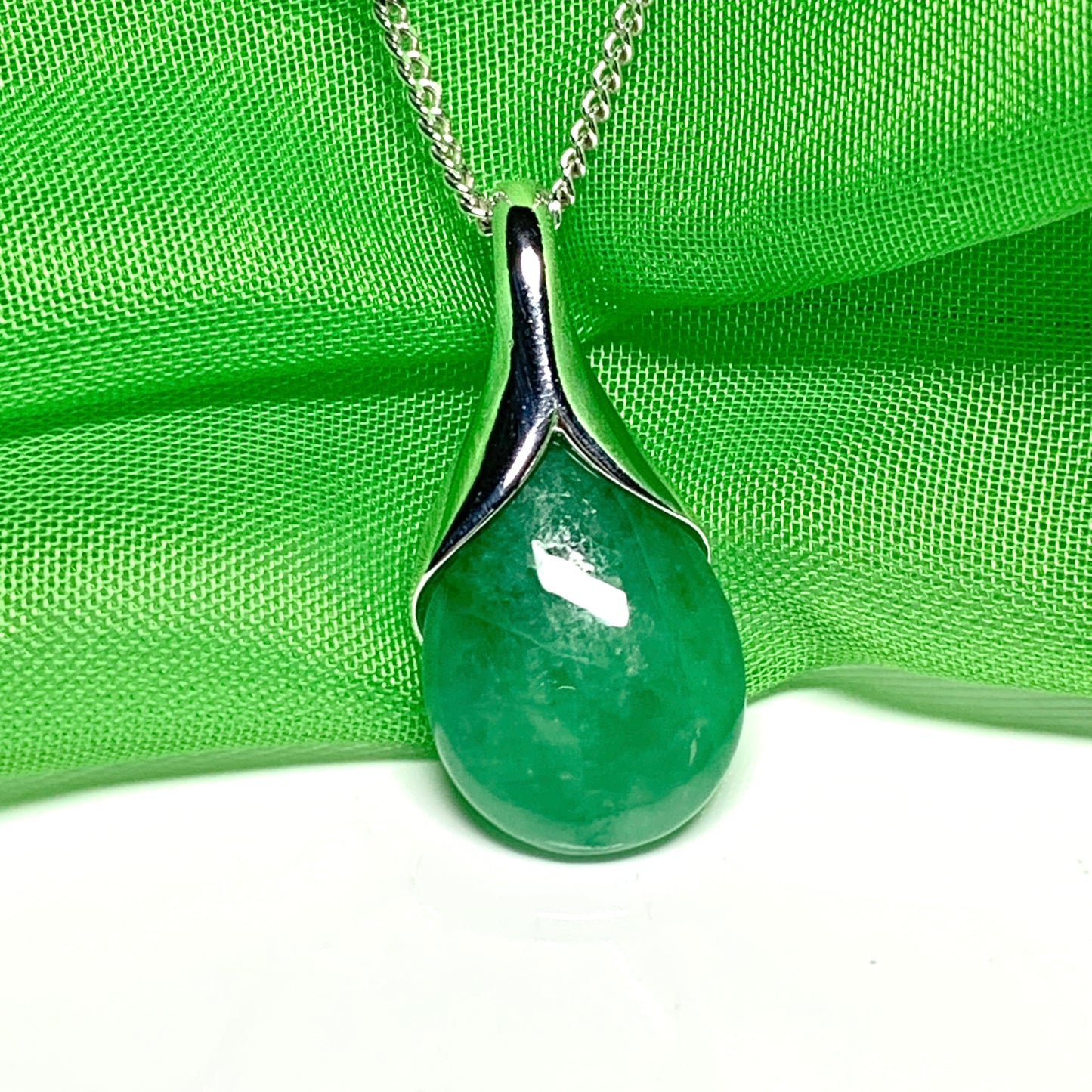 Real dark green jade tear drop sterling silver pear shaped pendant