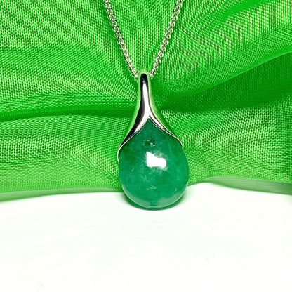 Real dark green jade tear drop sterling silver pear shaped pendant