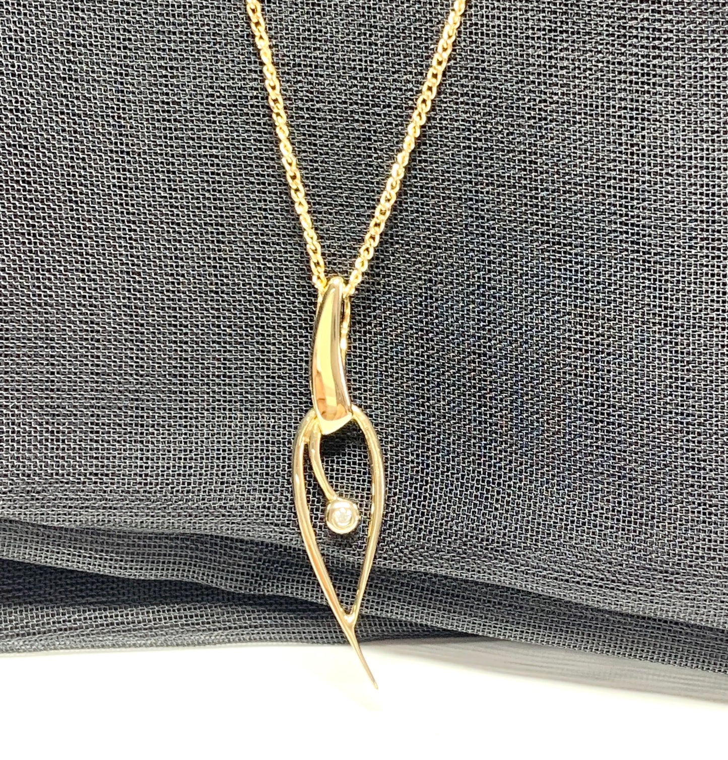 Real diamond necklace yellow gold open fancy swirl ellipse shaped pendant