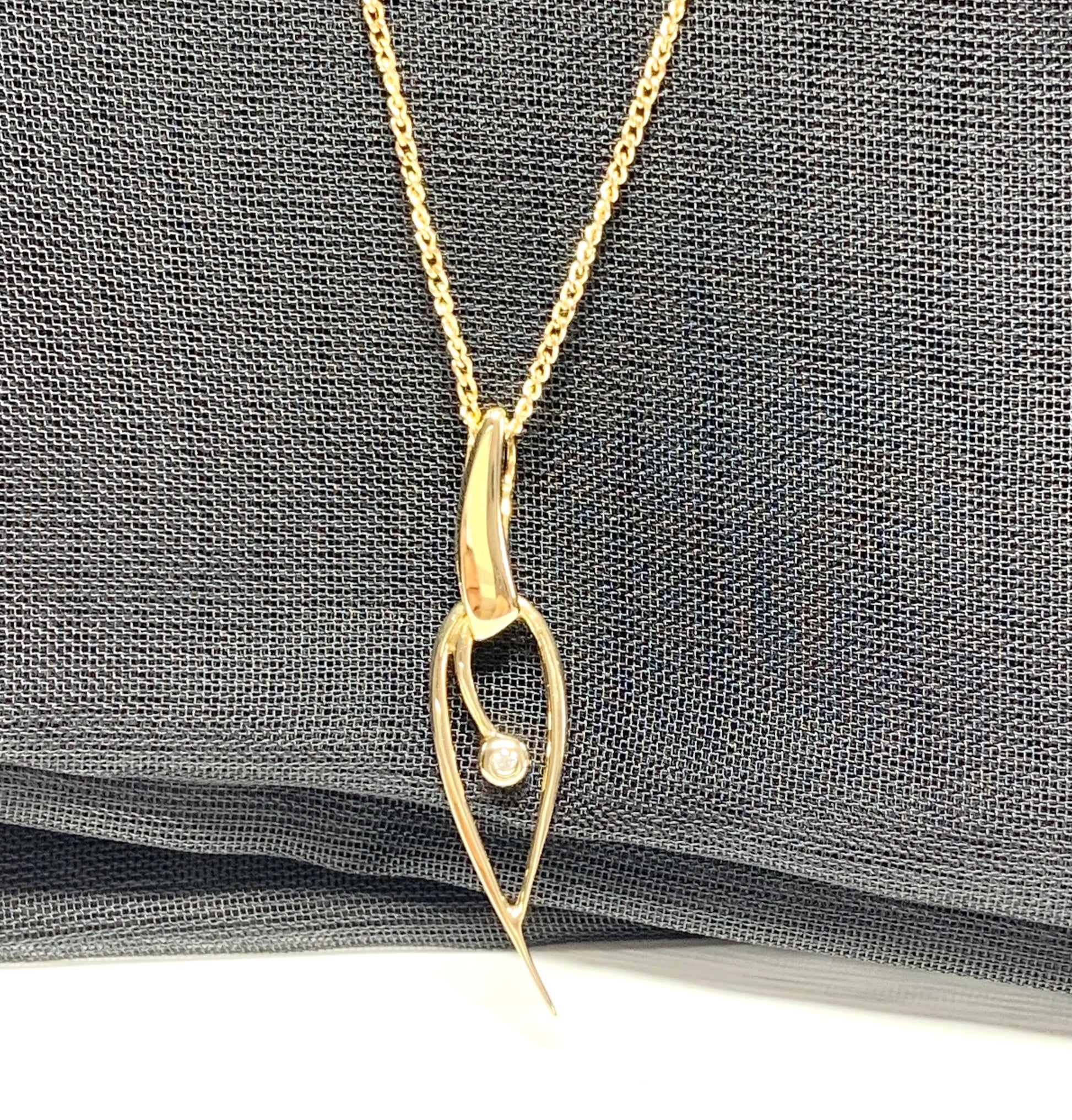 Real diamond necklace yellow gold open fancy swirl ellipse shaped pendant