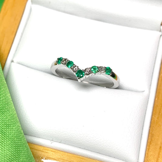 Real emerald and diamond wishbone ring white gold