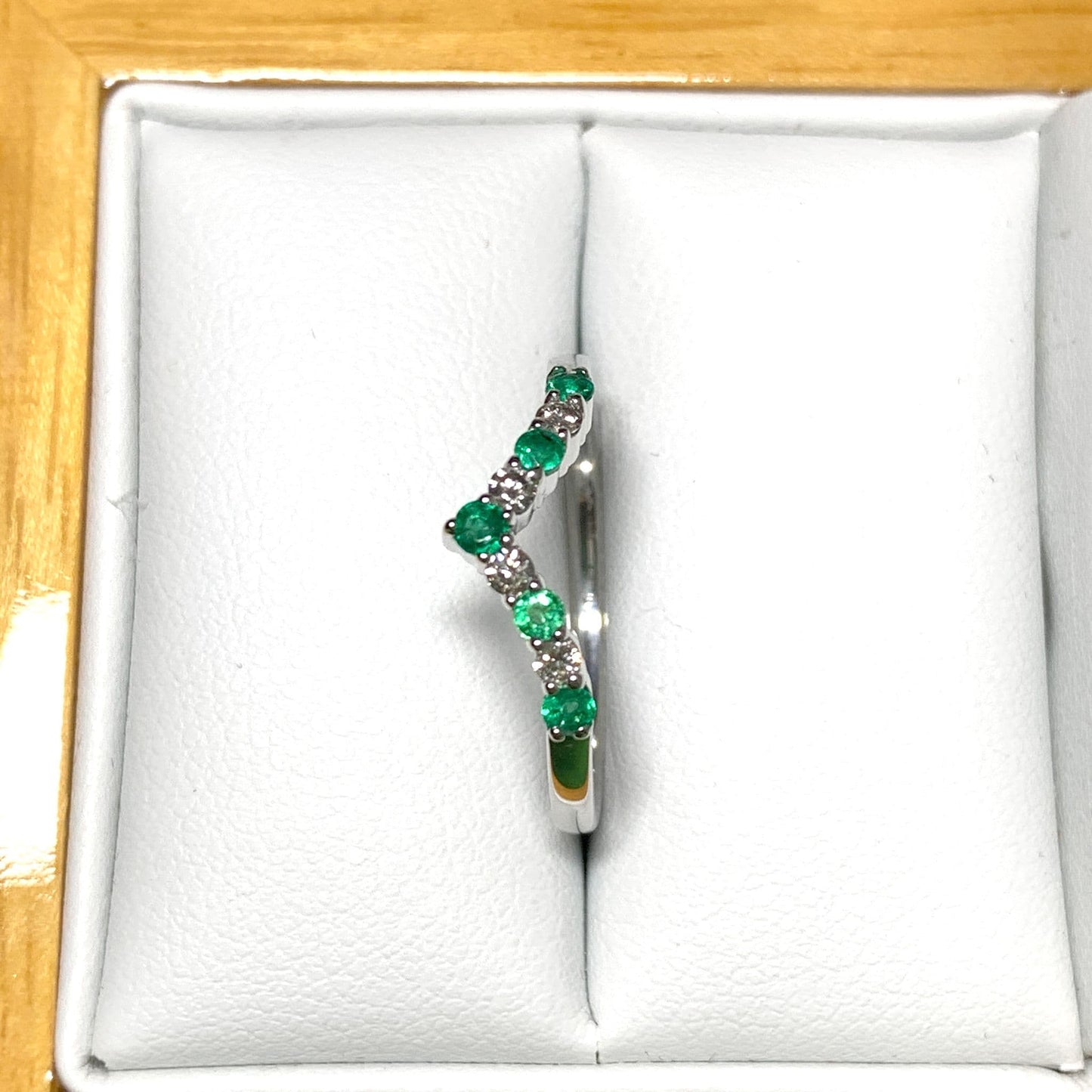 Real emerald and diamond wishbone ring white gold