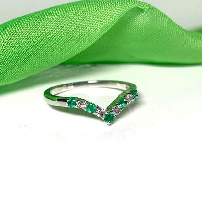 Real emerald and diamond wishbone ring white gold