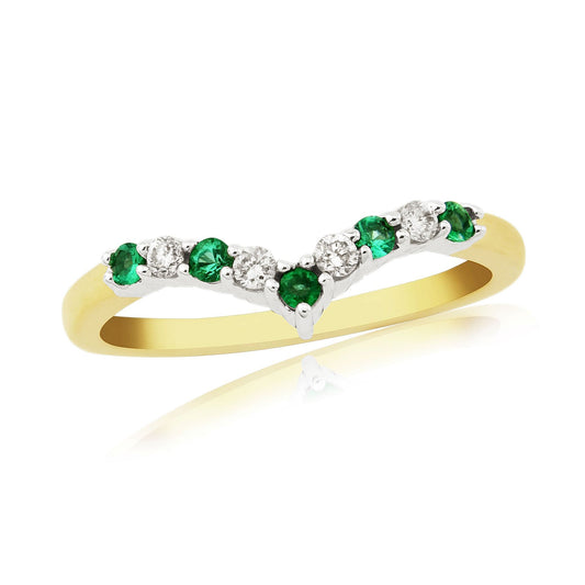 Real emerald and diamond wishbone ring yellow gold