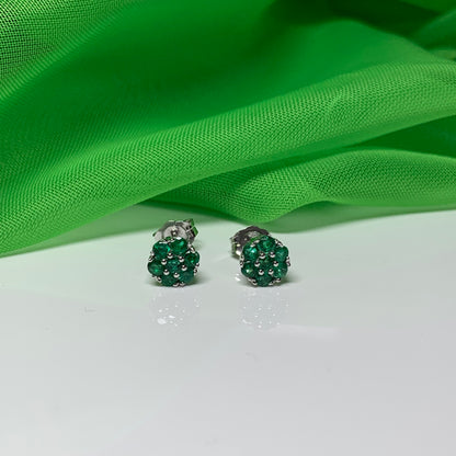 Real green emerald white gold round daisy cluster stud earrings