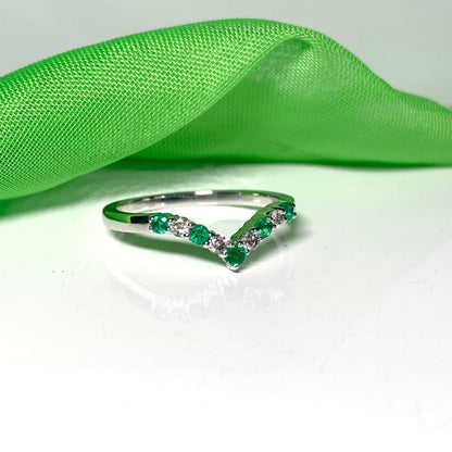 Real emerald and diamond wishbone ring white gold