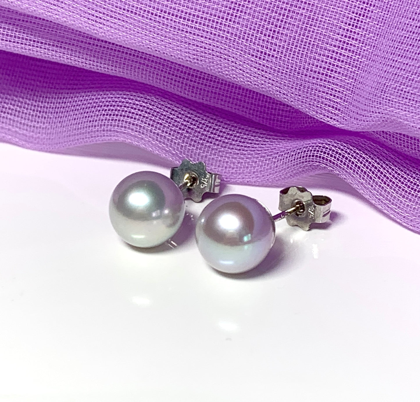 Real freshwater cultured light grey pearl white gold stud earrings